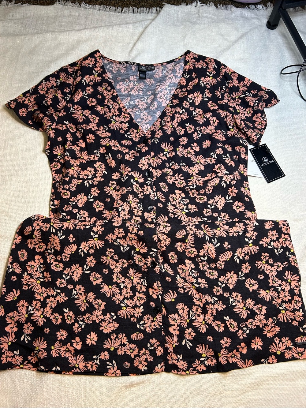 Volcom Black Short-Sleeve Floral Button Front Sleep Top - Pink Floral